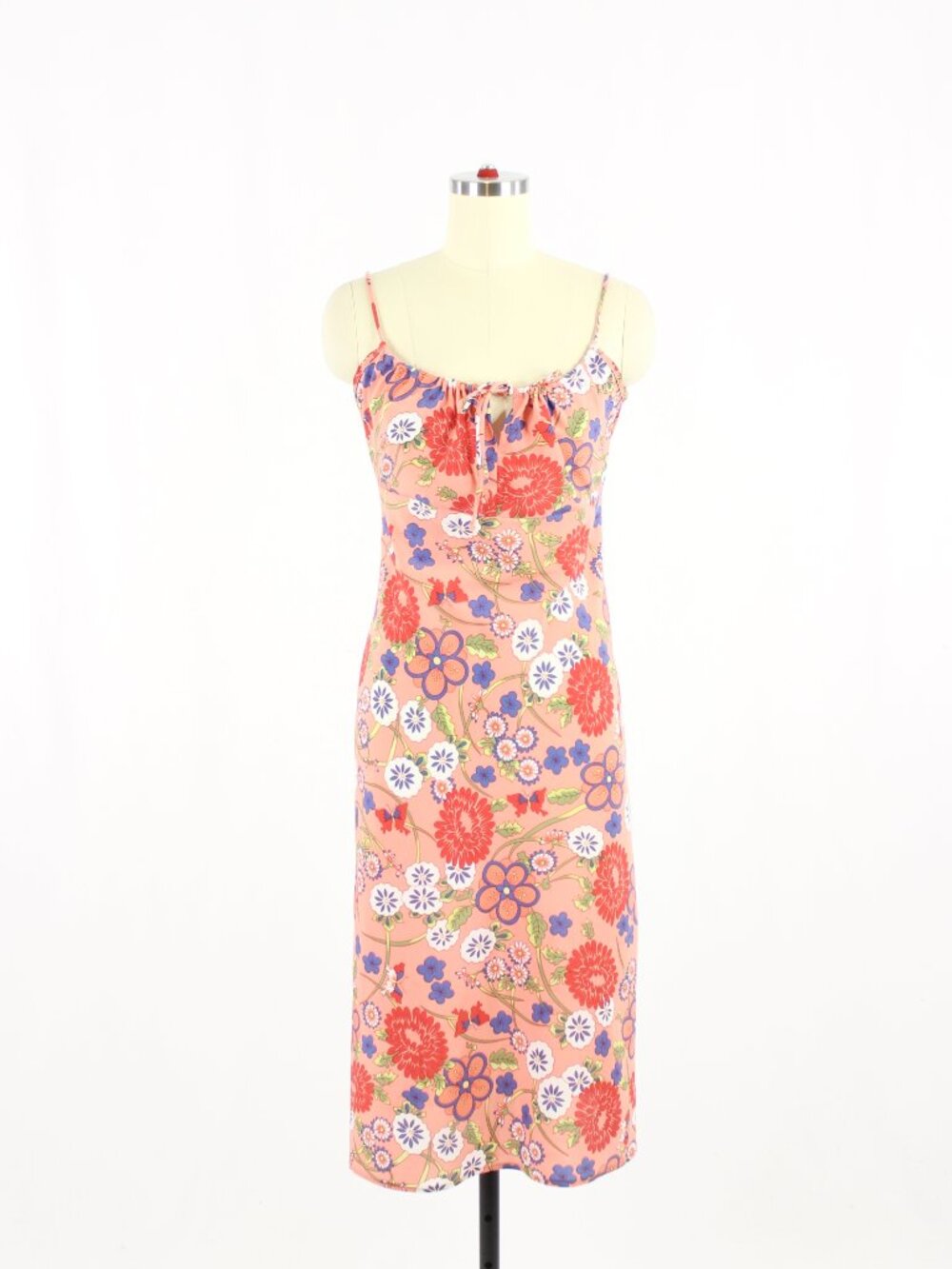 Vintage 90's Y2K GARAGE Coral Floral Crepe Gathered Midi Slip Dress, Size 7/8
